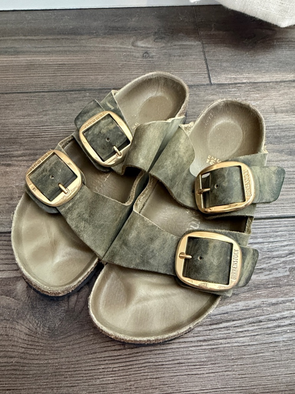 Birkenstock Green Double-Buckle Slide Sandals with Gold Buckles